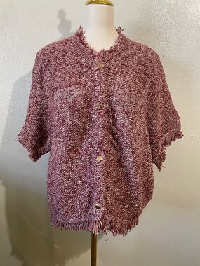 J Crew Marled Knit Blazer Jacket 3X Burgundy Fringe Snap Front Textured Stretch